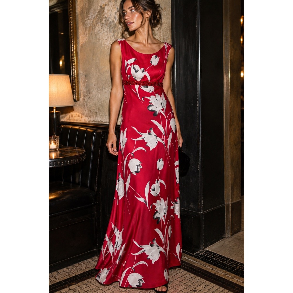 Y2K Luly Yang Couture Satin Floral Beaded Empire Maxi Gown Red XS